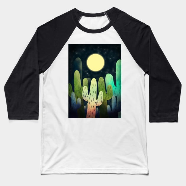 Night Time Cactus Baseball T-Shirt by Swadeillustrations